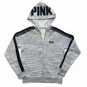 NWT Victoria’s Secret PINK Full Zip Gray Black Hoodie Mesh Trim, Logo - Size S